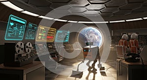 Futuristic command center with glowing orb and interactive displays detailed sci-fi environment
