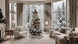gran salon decorado con Ã¡rbol de navidad con grandes ventanales con vistas a un bosque nevado photo