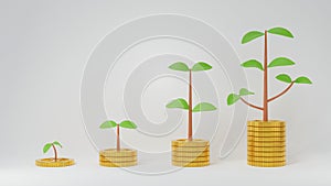 Step increase stacks of golden coins with growing sprout to tree branch with leaves isolated on white background, coin plant for