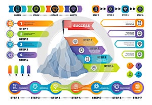 Step infographics. Pyramid graph with process options, infocharts and timeline. Marketing business infographic vector