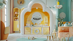 Step inside a childs playroom filled with sunshine yellow and crisp white furnishings, playthings, and decor, creating a
