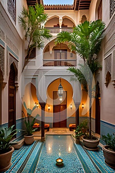 Step inside a traditional Morrocan riad, with peaceful courtyards, ornate fountains, intricate tilework, travel destination photo