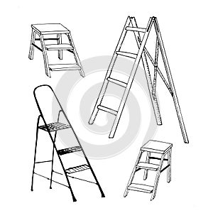 Step ladders sketch set. Collection of hand drawn ladders isolated on white. Vector illustration.