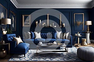 the luxurious comfort of a dark blue home living room, as depicted in this 3D rendering. A plush sofa surrounds a cozy