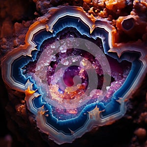 Macroscopic view inside a geode with vibrant crystal formations