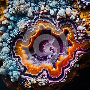 Macroscopic view inside a geode with vibrant crystal formations