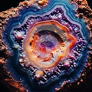 Macroscopic view inside a geode with vibrant crystal formations