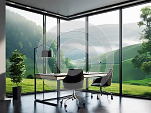 Modern Oasis: Panoramic Office with Scenic Green Hills View photo