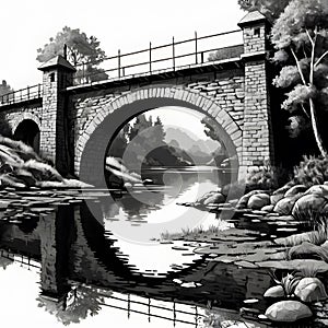 Vintage Charm: Illustrated Old Bridge in Black and White. photo