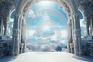 Conceptual image with an entrance gate leading to a fantasy world. Ai generative