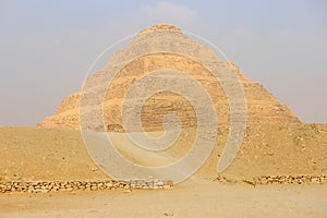 Step Pyramid of Djoser at Saqqara Egypt on a foggy morning