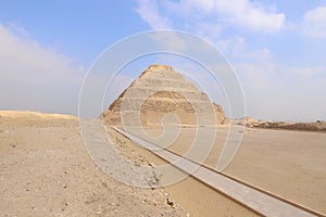 Step Pyramid of Djoser at Saqqara Egypt on a foggy morning