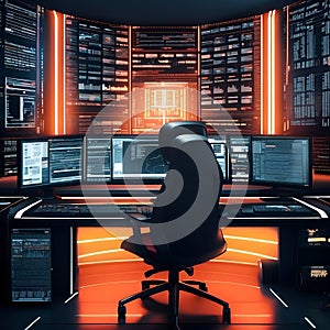 a man sits in a chair in front of a computer screen Into the Matrix Immersive Exploration of a Hack photo