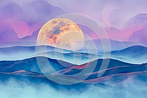 Full moon over hills, in the style of colorful landscapes, ethereal cloudscapes, brightly colored, mist, traditional, iconic. photo