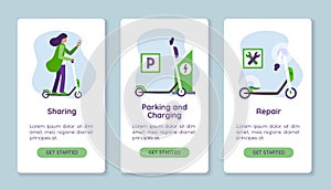 Step screens instructions for renting public eco electric scooter. Kick scooter sharing. Charging and parking. Repair after