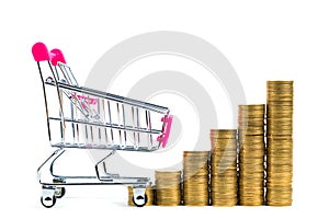 Step of stacks of coins and shopping cart or supermarket trolley