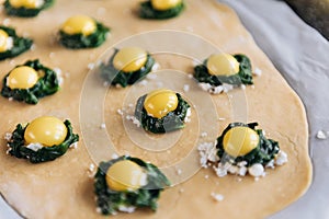 Step by step the chef prepares ravioli with ricotta cheese, yolks quail eggs and spinach with spices. The chef prepares the fillin