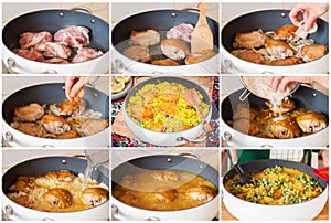 A Step by Step Collage of Making Chicken Thigh Biryani with Green Peas