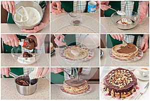 A Step by Step Collage of Making Coffee and Chocolate Crepe Cake
