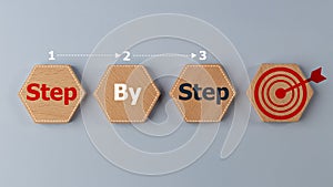 Step-by-step concept. Business concept image with wooden cubes word step by step on wooden cubes. Achievement or progress in