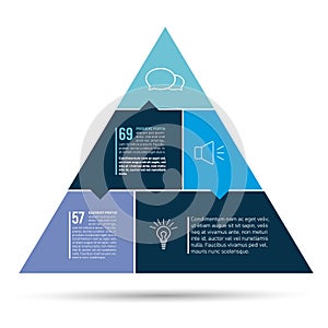 Step by step diagram. Flat triangle with color sections. Triangle scheme, chart, graph, options banner with parts.