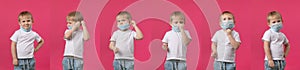 A step-by-step guide on how to put on a medical mask to protect against coronavirus, 6 steps shows a blond baby boy in studio