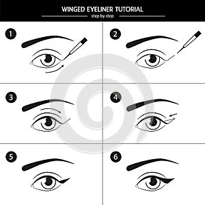 Step-by-step instruction on how to useand apply eyeliner. Vector eyes icons. Winged eyeliner manual