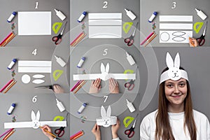 Step by step instructions DIY Easter bunny made of paper from 7 steps on a grey background.