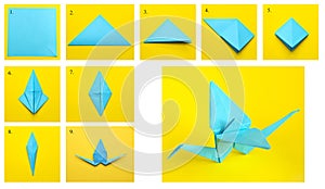 Step-by-step instructions on how to make a crane using the origami technique. DIY concept. Children`s creativity