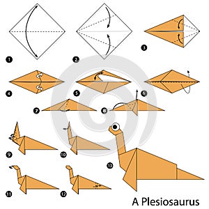 Step by step instructions how to make an origami dinosaur.