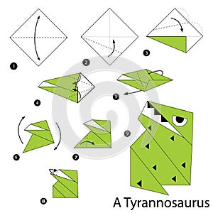 Step by step instructions how to make an origami a dinosaur. photo
