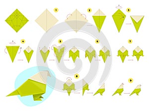 Step by step origami scheme. Instructions for bending and assembling paper bird, how to make polygonal parrot, kids toy photo