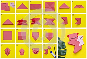 Step-by-step photo guide on how to bookmark an origami book in the form of a pink koala. DIY concept. Children`s creativity