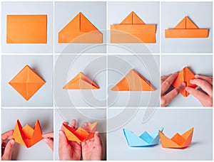 Step by step photo instruction. How to make origami paper boat. DIY for children. Children`s art project craft for kids