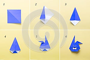Step by step photo instruction How to make Origami paper bunny. Simple diy kids children`s concept