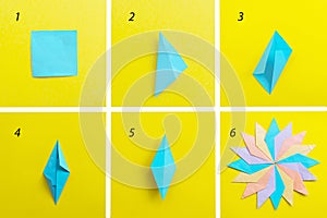 Step by step photo instruction how to make origami paper personalized xmas decoration snowflake. Simple diy with kids