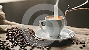 the step-by-step process of filling a cup with liquid coffee, covering the pouring, filling, and completion of the cup, The