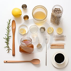 Step by step process of making kombucha on a white background. view from above