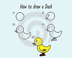 Step by step to draw a Duck. Drawing lesson for children. Vector illustration.