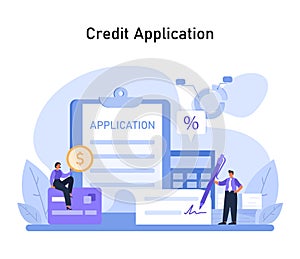 A step-by-step visual guide to applying for credit, featuring application forms, percentage calculations, and financial