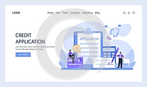 A step-by-step visual guide to applying for credit, featuring application forms, percentage calculations, and financial