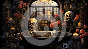 Step into a surreal world where a skeleton finds relaxation in a claw bathtub. Ceated with Generative AI photo