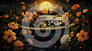 Step into a surreal world where a skeleton finds relaxation in a claw bathtub. Ceated with Generative AI photo