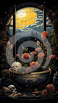 Step into a surreal world where a skeleton finds relaxation in a claw bathtub. Ceated with Generative AI photo
