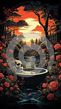 Step into a surreal world where a skeleton finds relaxation in a claw bathtub. Ceated with Generative AI photo