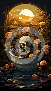 Step into a surreal world where a skeleton finds relaxation in a claw bathtub. Ceated with Generative AI photo
