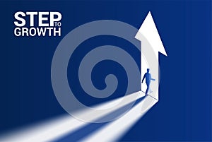 Step to Growth Business concept illustration. Businessman silhouette passes through the arrow up form open door. Success