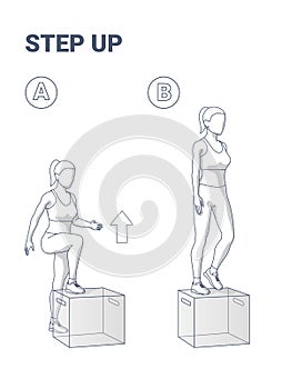 Step Up Exercise for Woman Home Workout Guide. Young Female in Sportswear Does the Escalation on Box