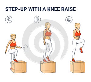 Step Up with a Knee Raise Exercise for Female Home Workout Guidance Colorful Illustration.