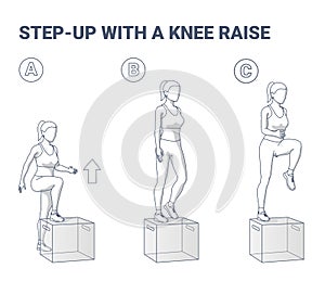 Step Up with a Knee Raise Exercise for Women Home Workout Guidance Outline Illustration.